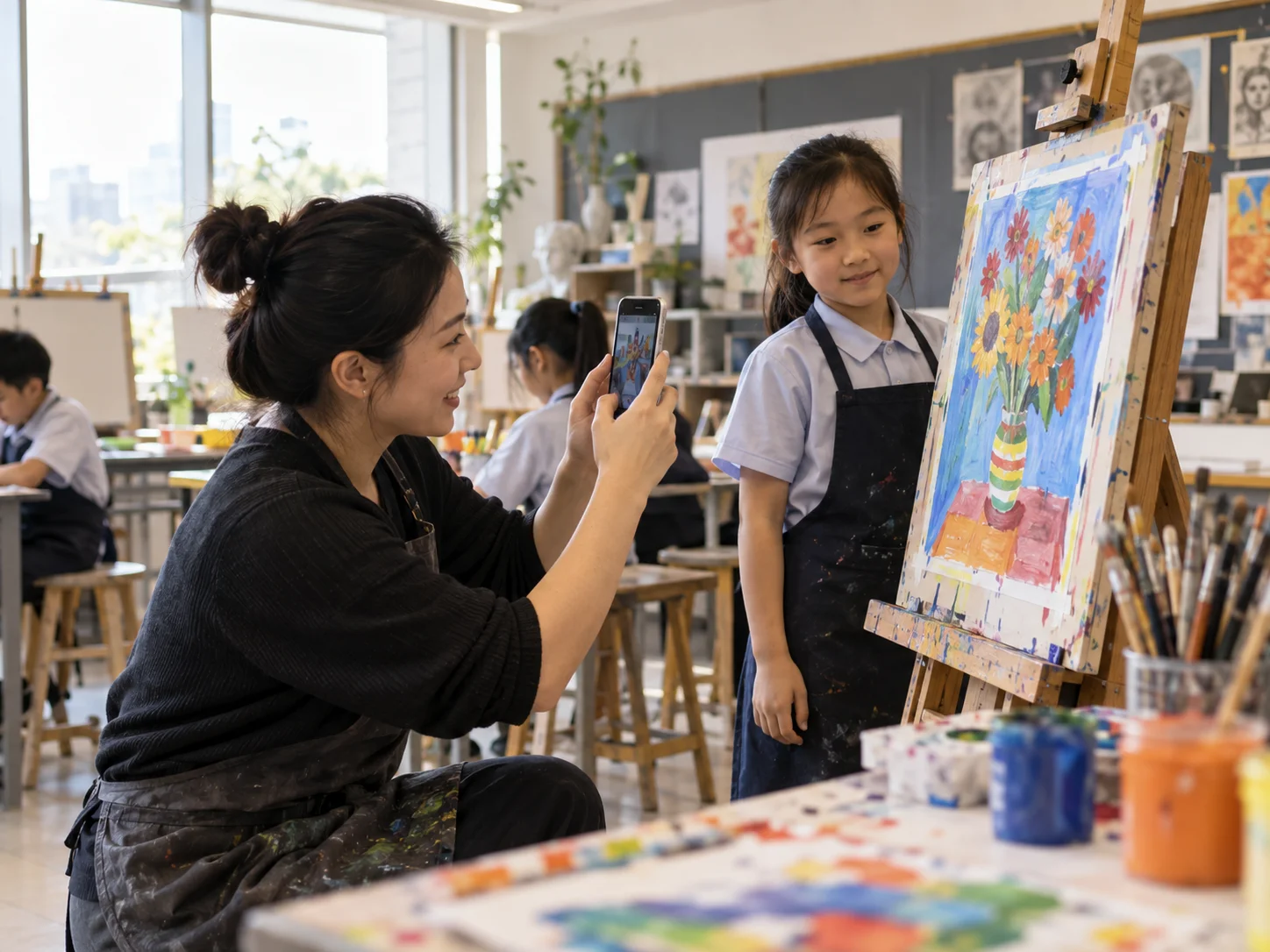 美术老师拍摄学生画作，作为课堂日志记录