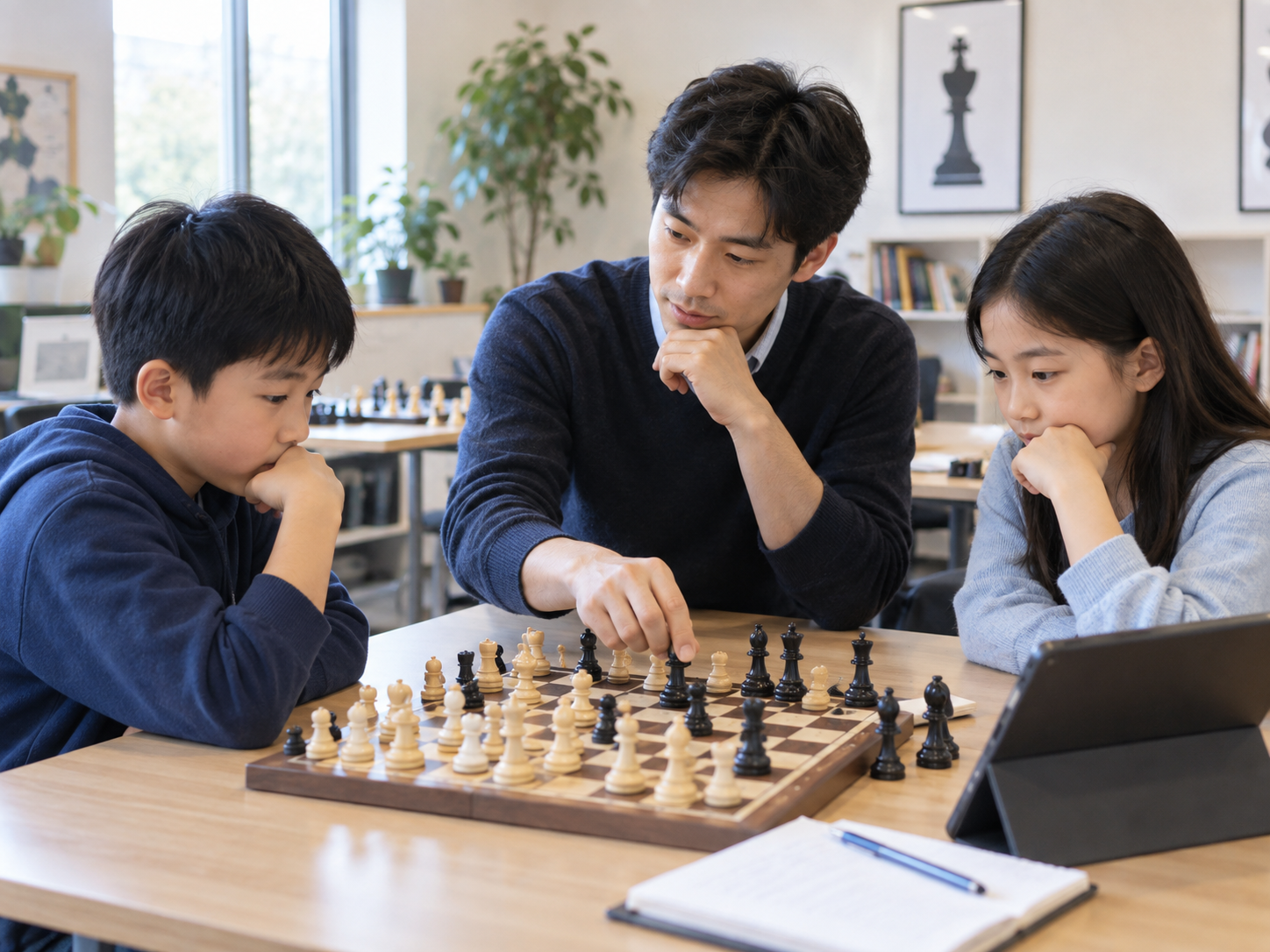 国际象棋教练在明亮的教室内指导两位学生下棋