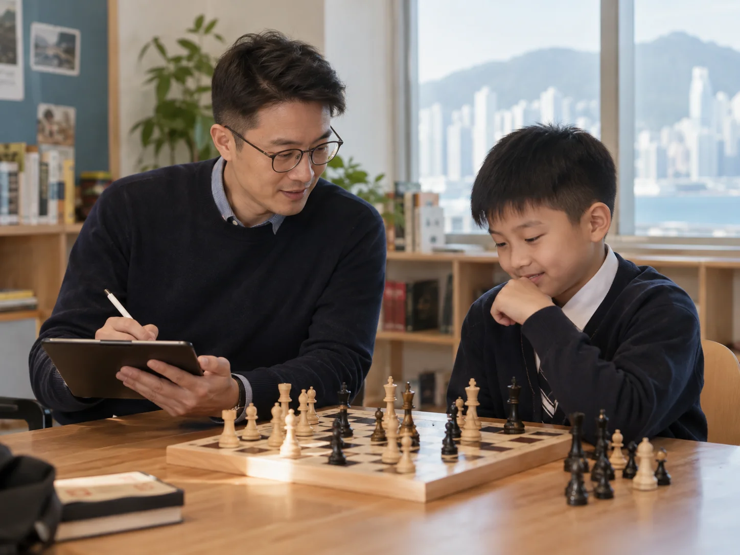 国际象棋教练在棋局旁记录学生的学习进度