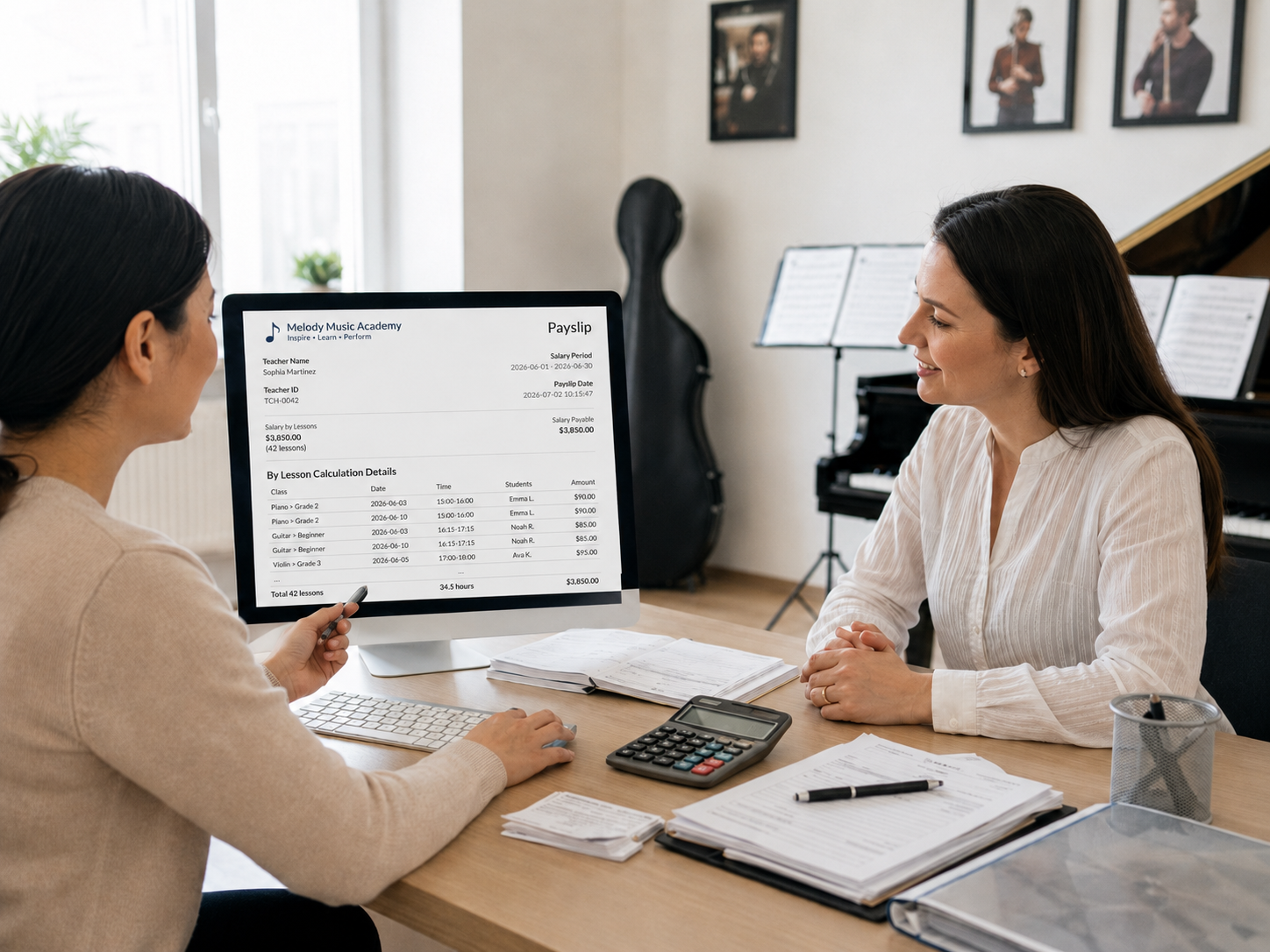 Teacher salary and payroll calculated from lessons and attendance