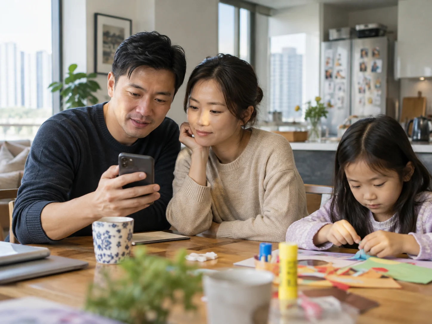 家长阅读活动通知，孩子在旁制作手工艺品