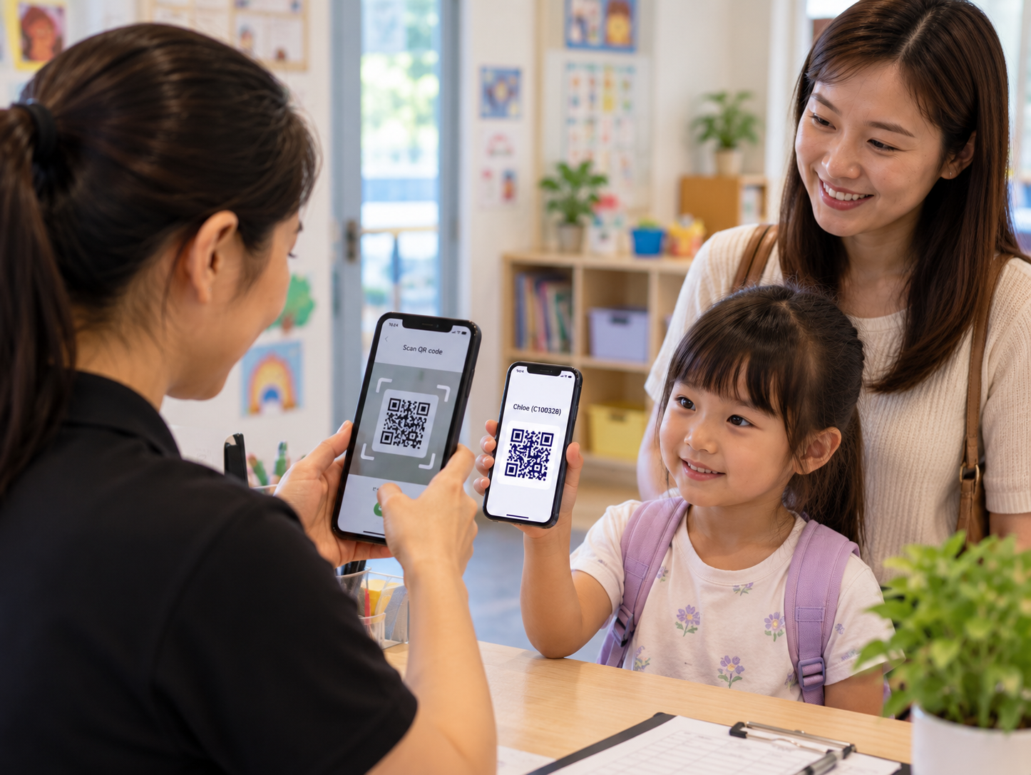 Scanning a student QR code to check in with a verified pickup list