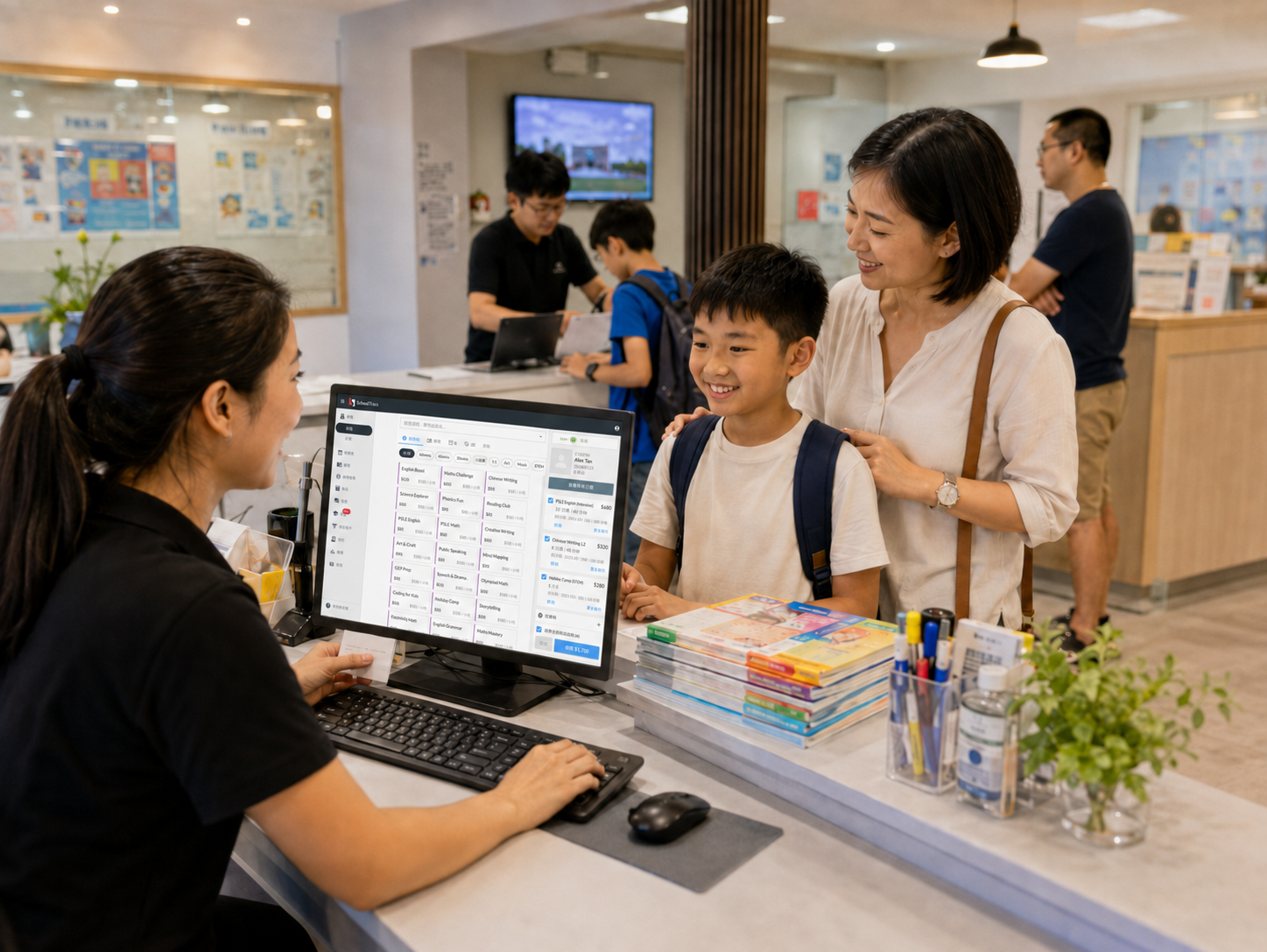 Enrolling a student and selling an exercise book at the point of sale